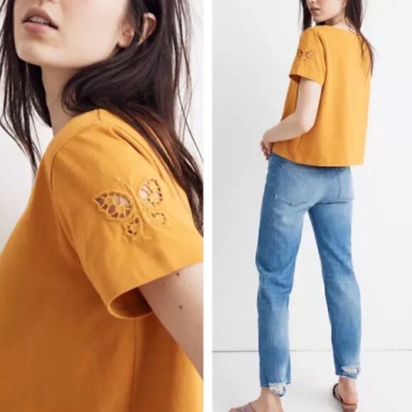 Madewell Embroidered Butterfly Eyelet Setlist Boxy Crop Tee Red - Picture 9 of 10